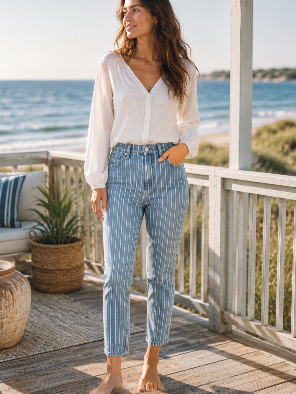 Camila Coelho High Rise Skinny Jeans in Bue & White Conductor Stripe Women's 10